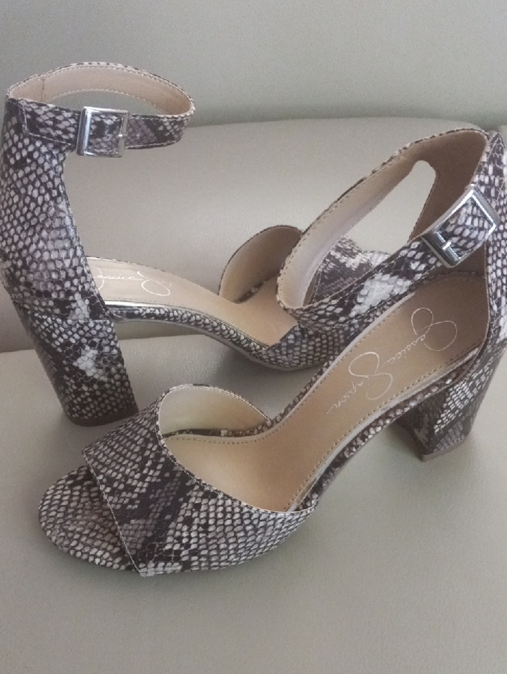 Jessica Simpson Sherron Snake-Print Block Heel Sandals in Brown and White Size 8